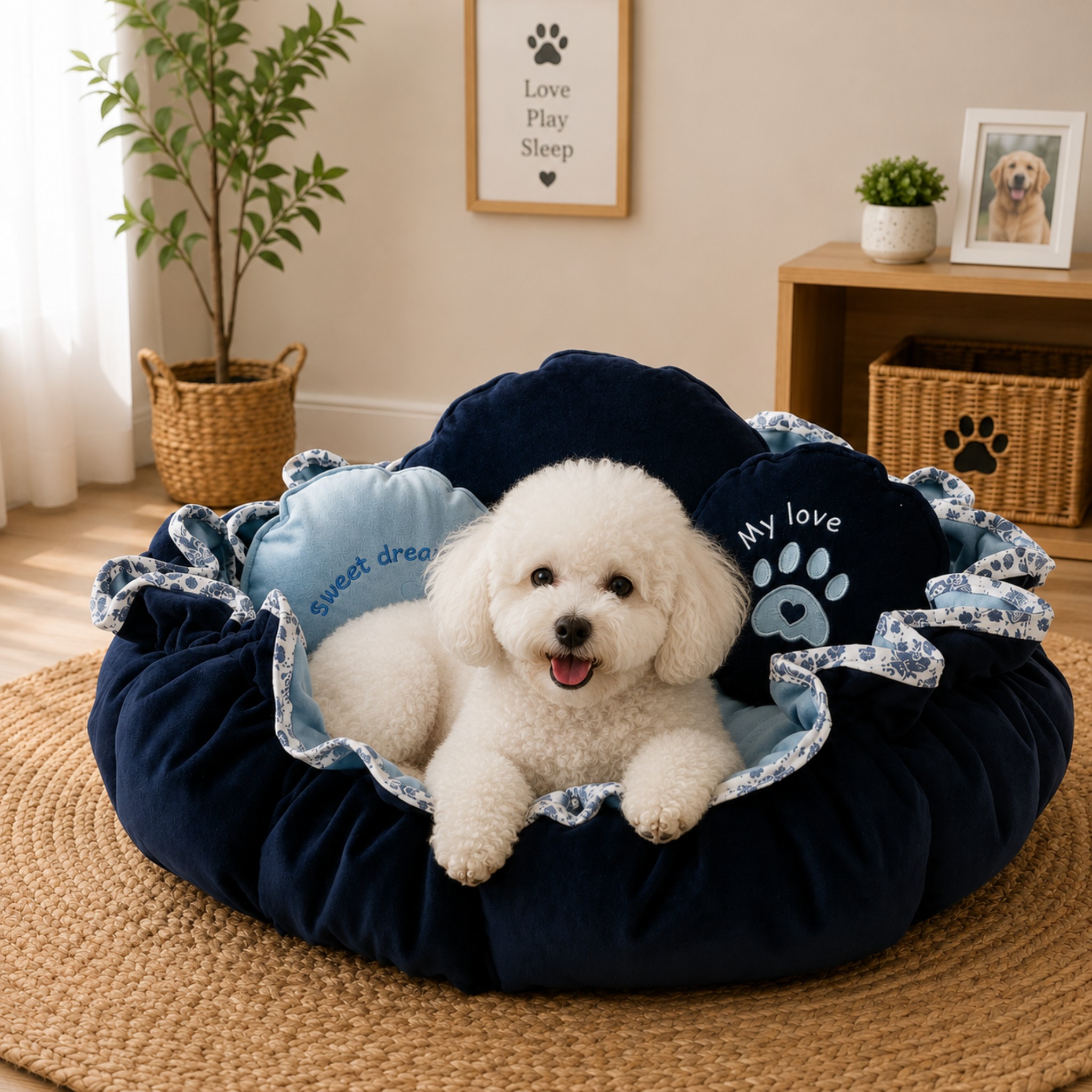 Cuccia Rotonda Lusso Double Face Velluto Blu per Cani